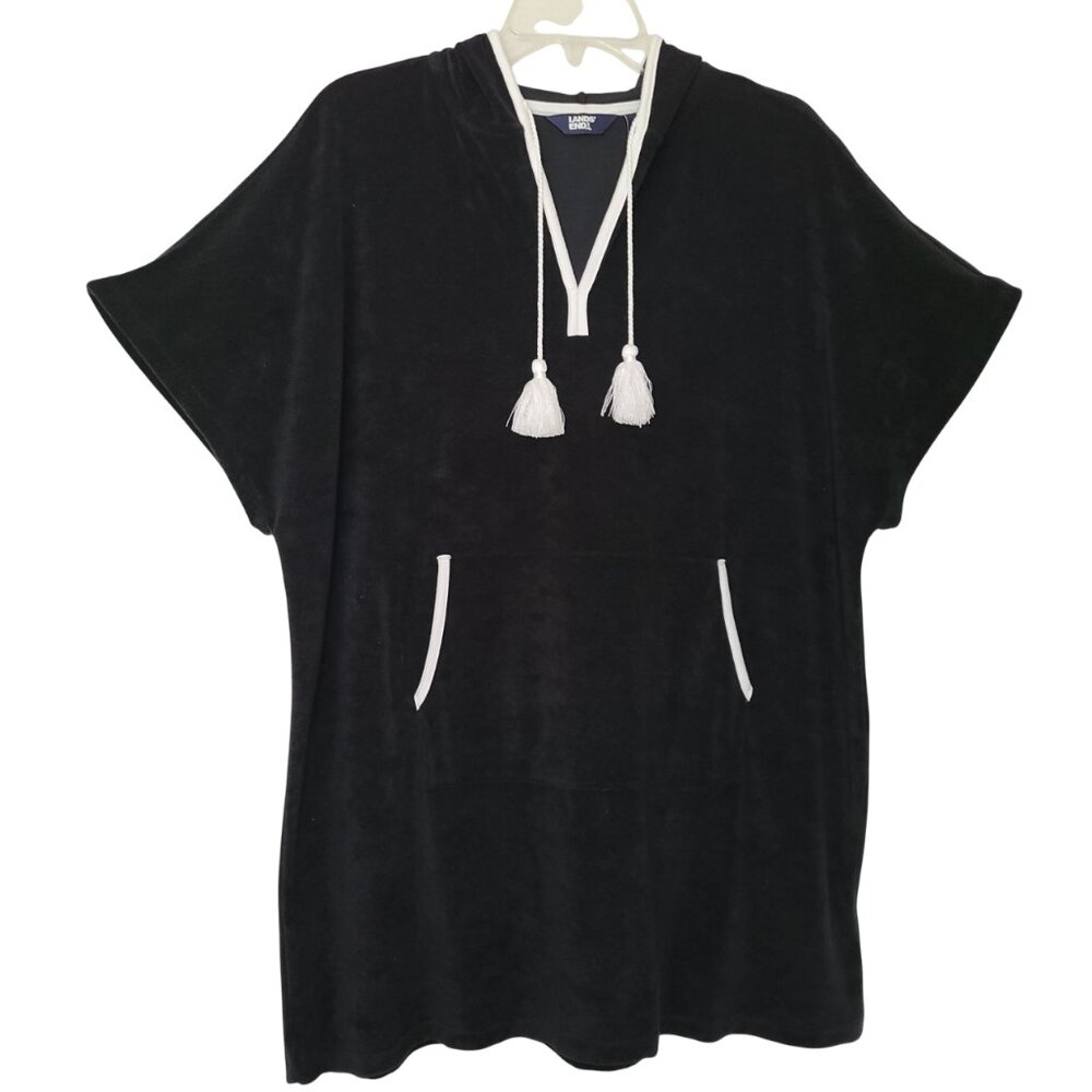 Lands' End Women's Terry V-neck Short Sleeve Hooded Swim Cover-up Dress w/Pocket